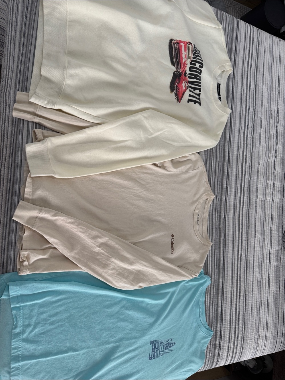 Columbia Men's Long-Sleeve Tees in Cream, Light Tan, and Light Blue